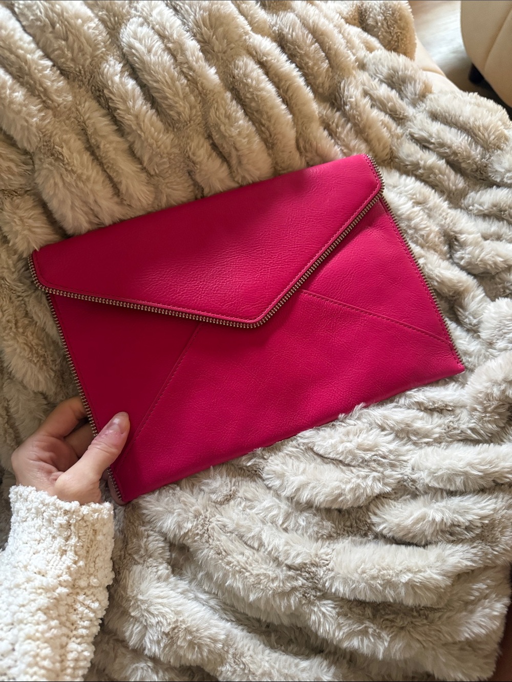 Rebecca Minkoff Leo Envelope Clutch Hot Pink Leather Silver Zipper Trim